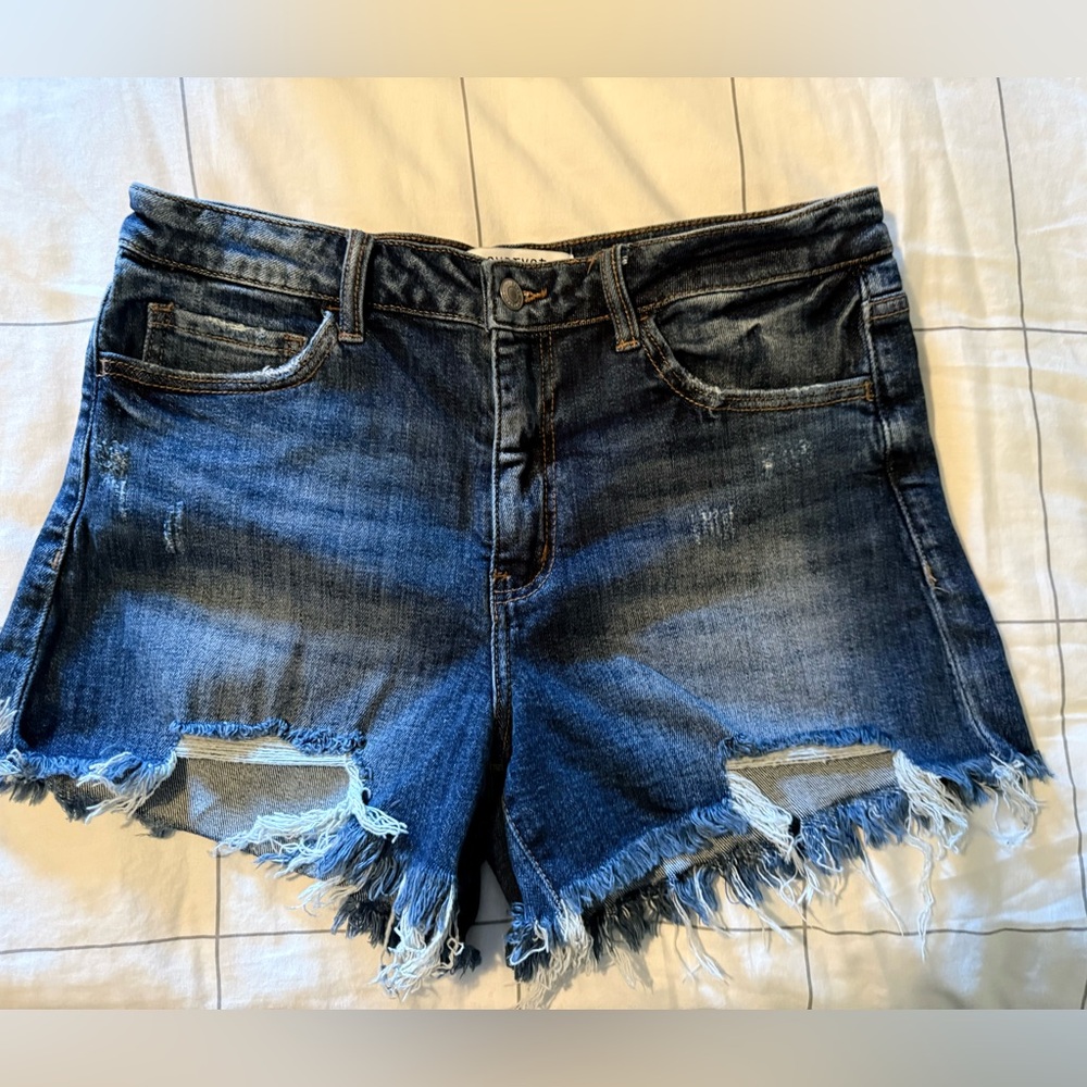 Dark Blue Frayed Hem Jean Shorts